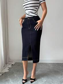 Selianne 女士优雅铅笔牛仔裙，带口袋和侧开衩 - 深色水洗藍 - 查看 4