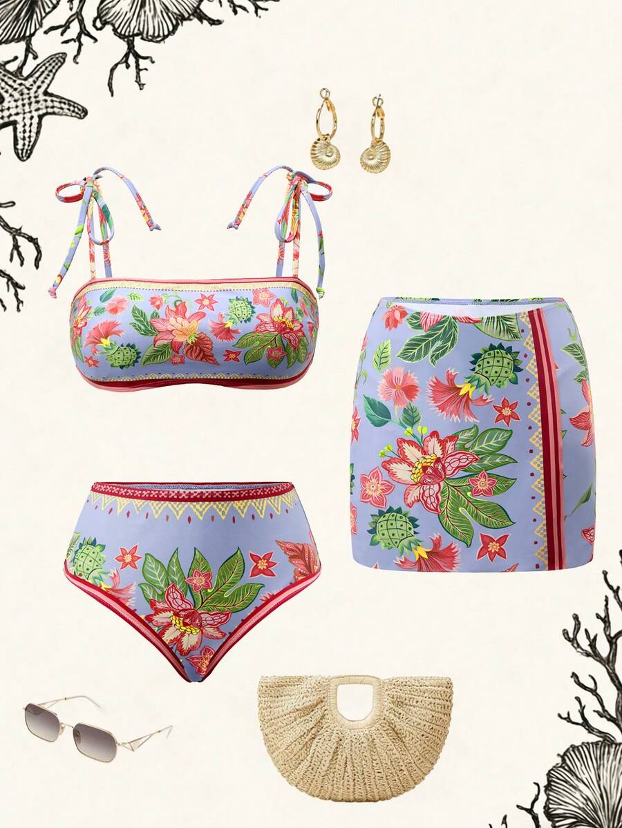 Swim Oasis 3件套女士印花系带比基尼泳衣套装 - 彩色 - 查看 1