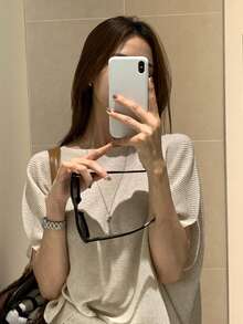DAZY 女款優雅純色蝙蝠袖寬鬆上衣與裙子兩件套 夏季居家休閒短套裝 度假風 - 杏色 - 查看 5