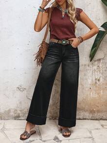 Women's Vacation Casual Washed Wide Leg Jeans - Black - View 5