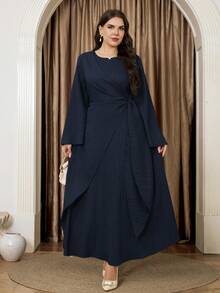 Veilorie 大码优雅通勤纯色喇叭袖系腰裹身连衣裙 - 藏蓝色 - 查看 5
