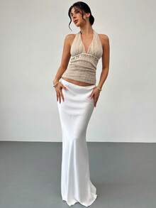 Firerie Women's Vacation Casual Pendant Decor Backless Halter Top Deep V Neck Top - Apricot - View 11