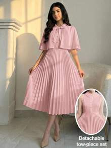 SHEIN Set Gaun Tanpa Lengan Berlipit dan Selendang Pesta Elegan untuk Remaja Perempuan - Berwarna merah muda - View 3