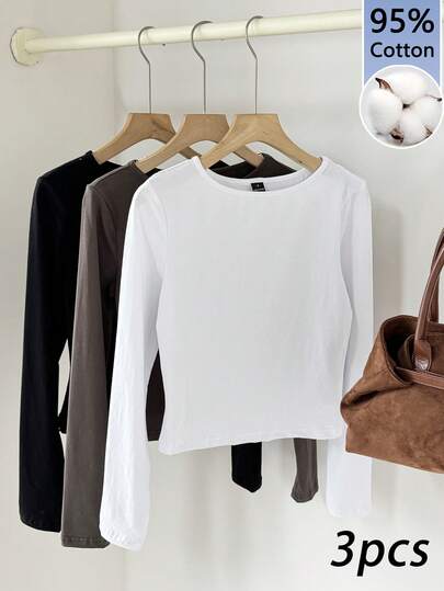 Tseoso 3pcs 95% Cotton Women's Wide Neck Tight Fit Long Sleeve Long Length T-Shirt Set, Suitable For Spring, Autumn & Winter, Casual, Cozy Chic, Slim And Versatile, Vintage, Soft Girl, Suitable For Daily Wear, Indoor And Outdoor, Back To School, Fall Women Clothes, Versatile, Gift 3 Packs Tops Women Basic Shirts Long Sleeve Crop Tops Fitted Tops Basic Tops