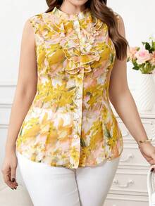 Reflora 大码优雅印花荷叶边无袖衬衫，夏季黄色上衣，印花上衣，花朵上衣，女士印花衬衫，女士花朵上衣，女士上衣和衬衫，新款衬衫，女士夏季上衣，黄色印花连衣裙，女士春季连衣裙 - 彩色 - 查看 8