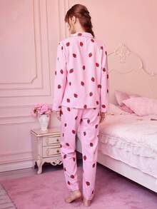 条纹草莓印花睡衣套装，甜美可爱翻领纽扣长袖上衣和长裤，女士睡衣家居服套装，秋冬 - 粉色 - 查看 2
