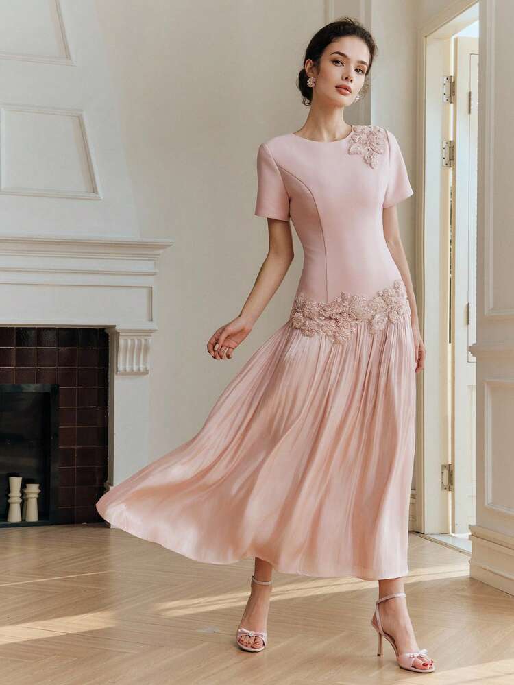 Women's Elegant Floral Pearl Design Waist Cinched Long Dress With Short Sleeves, Suitable For Party In Summer