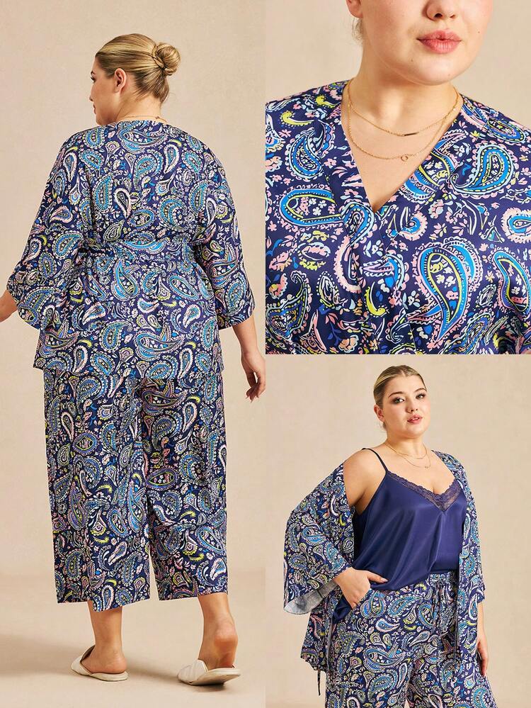 Pijama de satén con estampado de paisley para mujer de talla grande - Conjunto de kimono de corte holgado con cinturón en la cintura, cómodo para primavera/verano/otoño/invierno