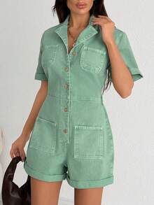 SHEIN Front Button Casual Style Green Rinse Wash Regular Fit Folded Hem Denim Jumpsuit - Green - View 7