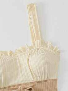 SHEIN Swim Lushore 两件套女士泳装，优雅荷叶边比基尼上衣，舒适宽肩带，撞色设计，成熟时尚端庄泳装 - 彩色 - 查看 6
