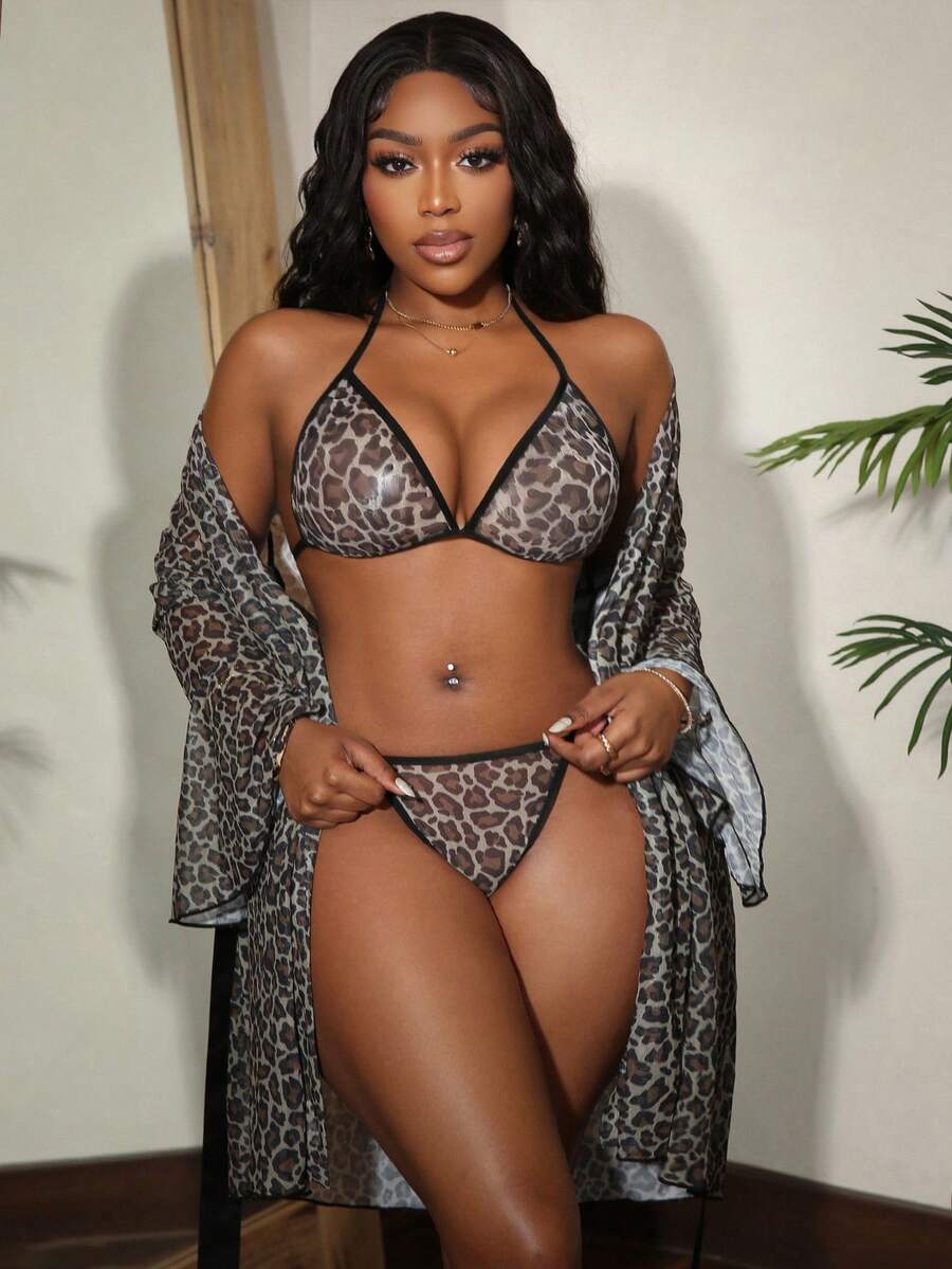 SHEIN 4pcs Leopard Print Wireless Sexy Lingerie Set For Women - Multicolor - View 1