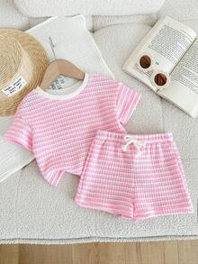 LMoss Kids 2pcs Baby Girl Knitted Striped Round Neck T-Shirt And Shorts Set Summer Toddler Sets Pink Short Set Girl Short Sets Pink Two Piece Set Toddler Girl - Pink - View 3