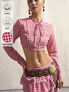 SHEIN ICON Áo sơ mi nữ tay dài dáng ngắn kẻ caro thắt nơ phía trước, kiểu dáng thời trang. - Đỏ - Xem 7