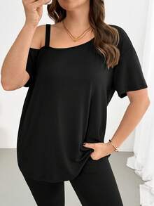 SHEIN Essnce 大码女装春夏时尚休闲弹力舒适日常显瘦露肩短袖上衣和紧身裤黑色两件套，夏季服装，裤装套装，机场穿搭 - 黑色 - 查看 5