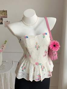 Comfortcana 女士夏季沙滩度假碎花刺绣荷叶边露背吊带上衣 - 彩色 - 查看 7