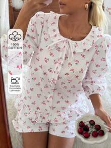 DAZY Conjunto de pijama de mujer con volantes en el bajo y estampado floral diminuto de verano - Blanco - Ver 1