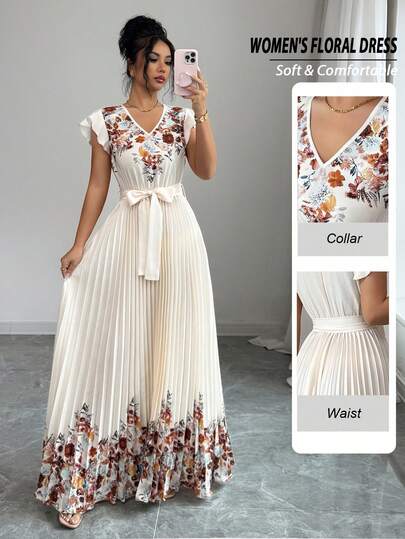 Elenzga Summer Vacation Style Vintage Print Pleated Dress, Sleeveless Waist Cinched Casual Dress