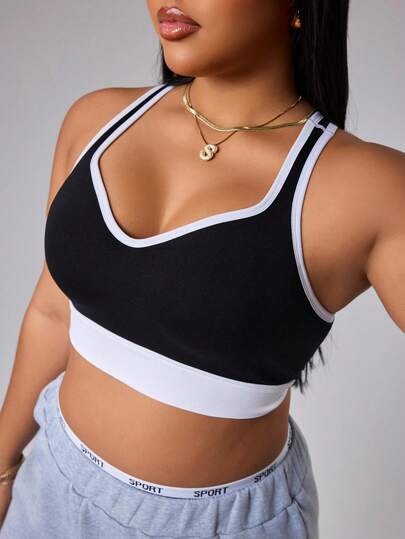 Rhythm Era 女士加大码无缝运动文胸，黑白交叉肩带，适合锻炼、健身、跑步、瑜伽