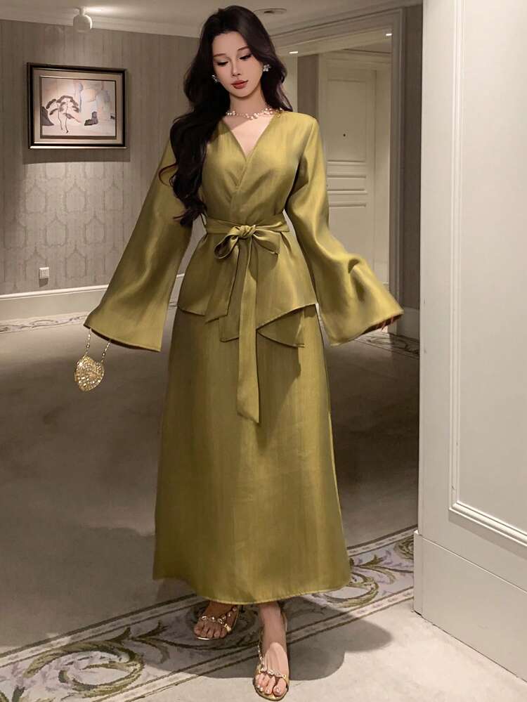 Women's Elegant Tie-Waist Shirt And Long Skirt 2 Pieces Set, Summer