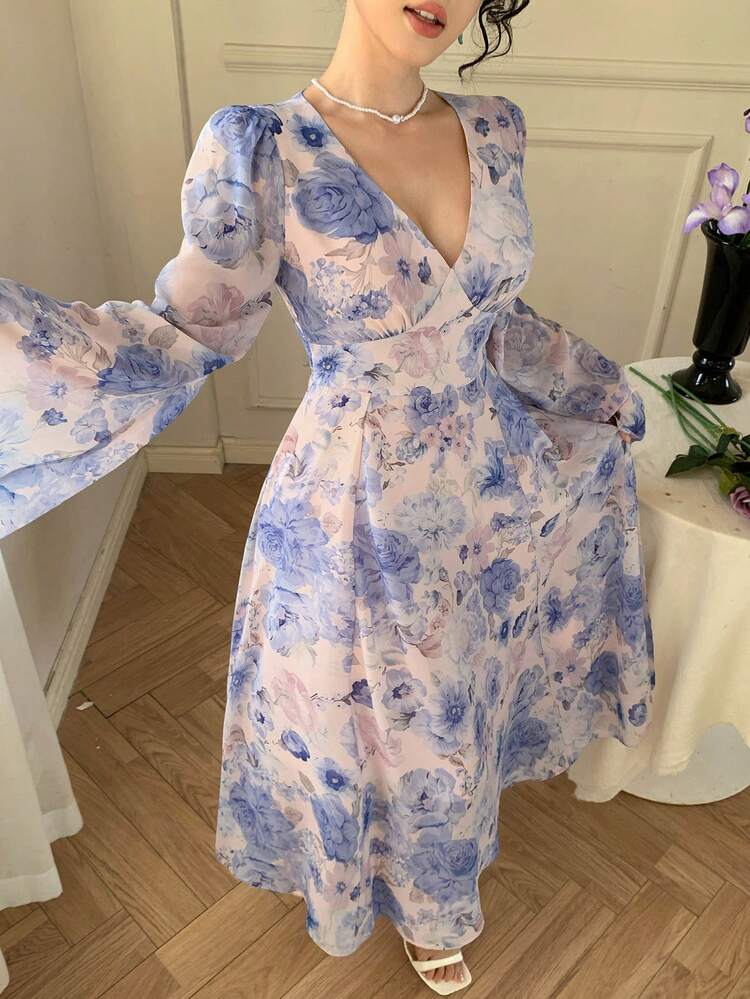 Women's Elegant Floral V-Neck Flare Sleeve Mid-Length Dress, Spring/Summer,Wedding Guest Dress Women Sundress Boho