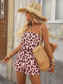 Brillora Bộ áo liền quần cổ yếm họa tiết da báo dành cho nữ, phong cách nghỉ dưỡng. - Hồng - Xem 6