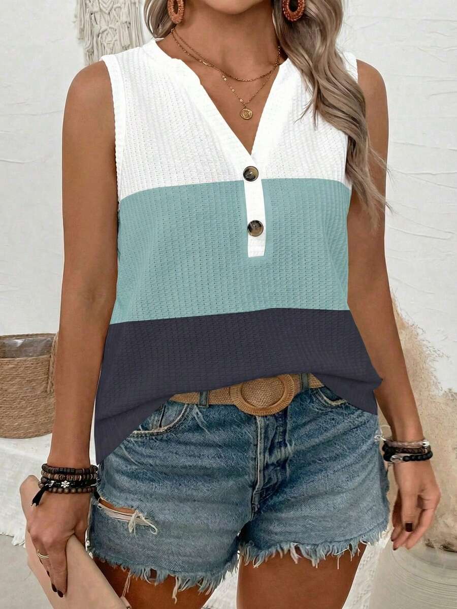 新款加大码女式休闲百搭撞色V领背心 - 彩色 - 查看 1
