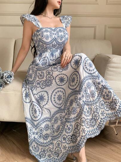 DAZY Vestido midi de mujer con estampado floral elegante, sin mangas, fruncido, para verano y como invitada de boda