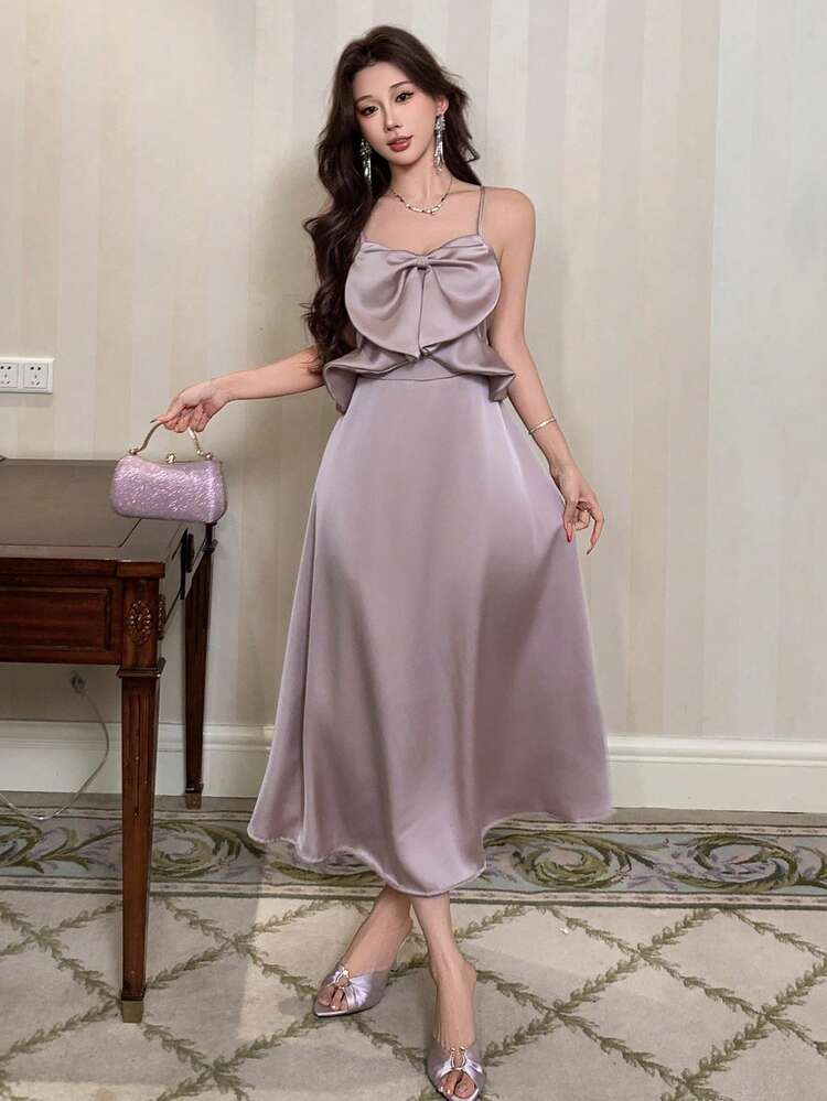 Women's Elegant Solid Color Bowknot Strap Mid-Length Dress, Summer,Wedding Guest Dress Women Maxi Dress Sundress Cocktail Dress