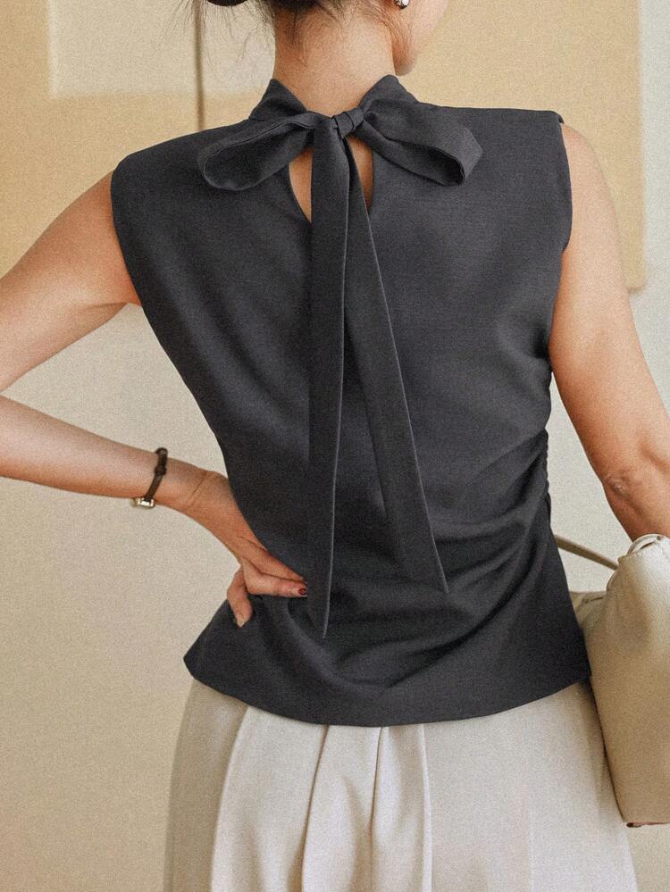 Women's Backless Tie-Up Fitted Business Casual Sleeveless Shirt Vest, Suitable For Spring And Summer