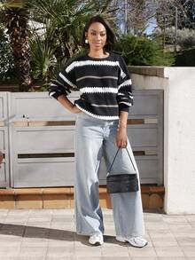 Yess Loren 女士休闲条纹落肩宽松套头长袖毛衣上衣黑色 - 彩色 - 查看 4