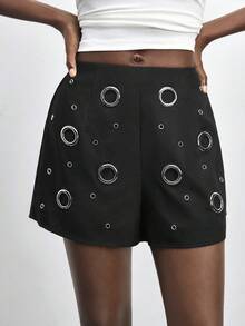 Maija Women's Black And Silver Fashionable Grommet Shorts,Studded Y2k High-Waisted Casual Shorts For Summer Street Dance Night Party Beach Summer Holiday - Black - View 7