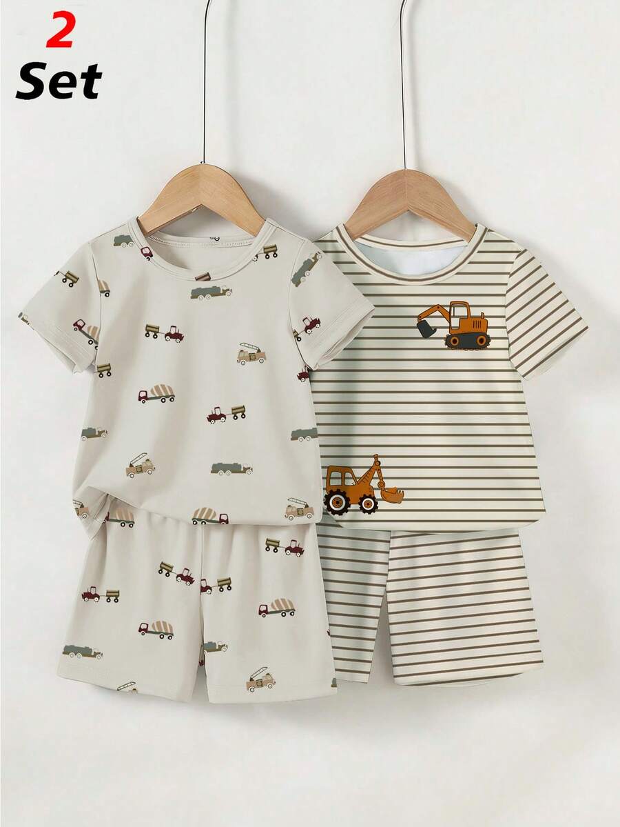 SHEIN Vintaside Kids 2件套男婴卡通汽车印花短袖T恤和短裤睡衣套装,可爱婴儿日常睡衣 - 彩色 - 查看 1