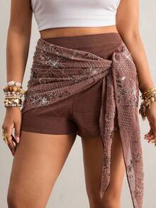 Freevana Plus Size Women Floral Sequin Side Knot High Waist Skirt Pants Chocolate Brown,Autumn,Boho,Beach Rave Festival Outfits Vintage Western Gothic Style - Coffee Brown - View 9