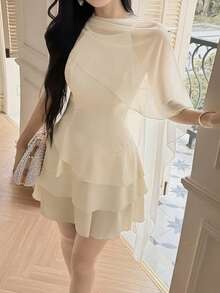 Modelyn Classic Elegant Sleeveless Shawl Collar Mini Dress For Women - Apricot - View 1