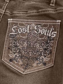 ROMWE Grunge Punk Women's Leopard Embroidered Pocket Flare Leg Skinny Jeans - Brown - View 2