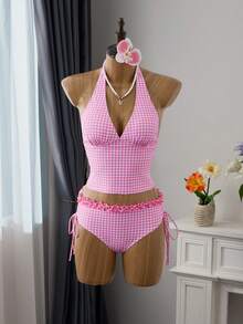 Swim Vcay 夏季女士两件套吊带比基尼泳衣，咖啡色格纹荷叶边挂脖系带上衣，侧边抽绳褶皱比基尼泳裤 - 粉色 - 查看 6