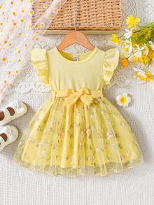 女婴优雅甜美浅黄色刺绣网纱连衣裙，搭配罗纹针织荷叶边荷叶袖上衣和腰带，适合休闲、度假、优雅场合、聚会等，可爱又时尚。 - 黃色 - 查看 5