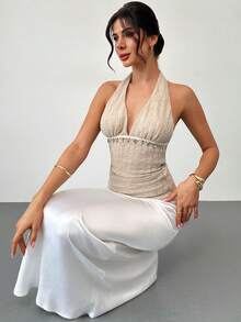 Firerie Women's Vacation Casual Pendant Decor Backless Halter Top Deep V Neck Top - Apricot - View 5