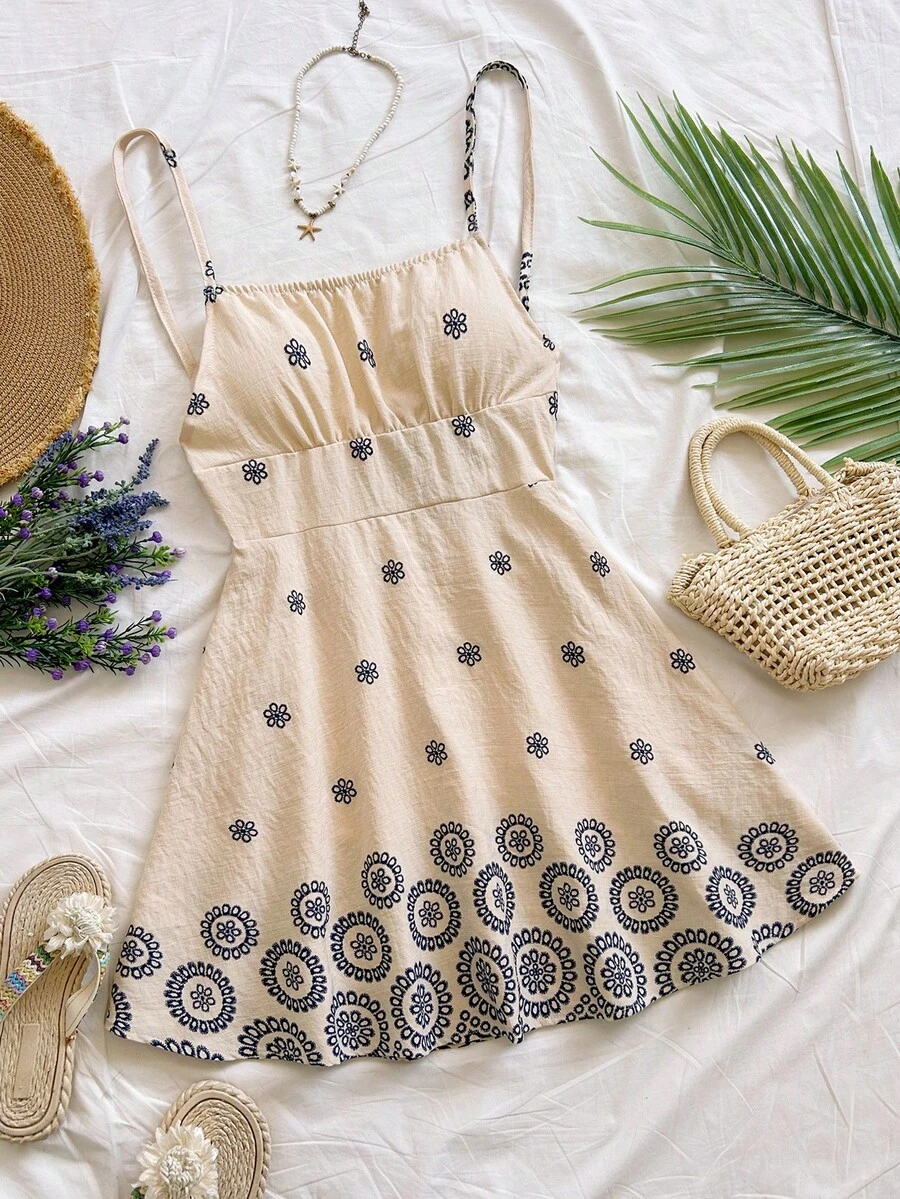 SHEIN WYWH Đầm mini dáng chữ A hở lưng, in hoa màu xanh trắng, thích hợp mặc đi nghỉ mát cho nữ, có thể mặc nhiều lớp vào mùa thu/đông hoặc dự tiệc. - Xanh và trắng - Xem 1