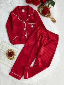 2 Stücke Mädchen Burgunderrot gestreifter Herz bestickter Langarm Cardigan und Hose, bequemer Pyjama-Set - Bordeaux - Übersicht 8