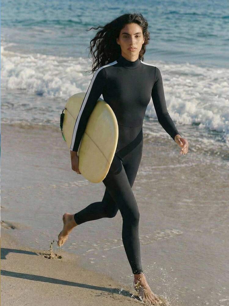 SHEIN Maija Women's Contrast Color Long Sleeve Backless Casual One-Piece Swimsuit With Pants Vacation,Vacation Outfits Women,Summer Holiday Outfits ,Beach Vacation Outfits For Women