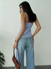 Firerie Áo kiểu dáng thanh lịch màu mơ nhạt bằng vải lanh, vạt bất đối xứng, eo nhún bèo, hở lưng, thích hợp cho mùa xuân/hè. - Xanh và trắng - Xem 8