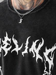 SLATEMANN 男士街头风-INS风水洗面料深色字母印花T恤，适合音乐节、夜店、男友/老公礼物、周年纪念礼物 - 黑色 - 查看 6