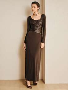 Revavyn Revavyn Chic Dark Brown Long Sleeve Maxi Dress, Elegant Square Neck With Sweetheart Bust, Faux Leather Ruched Corset Waist, Satin-Feel A-Line Floor-Length Skirt, Slimming Bodycon Silhouette, Formal Evening Gown For Cocktail Party, Wedding Guest, Date Night, Business Dinner, Sophisticated Minimalist Luxury Dress For Women - Brown - View 4