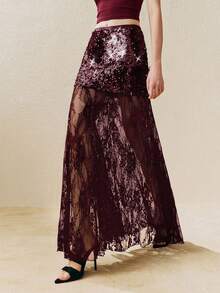 Arave 女士优雅亮片撞色蕾丝派对酒红色半身裙亮片长裙蕾丝长裙女士优雅半身裙情人节款 - 酒紅色 - 查看 3