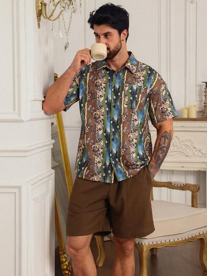 DAZY 男士夏季印花短袖衬衫短裤睡衣套装