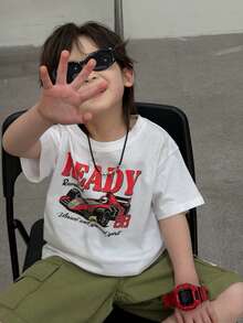 DAZY 男童休闲字母赛车印花圆领短袖T恤，夏季 - 白色 - 查看 7