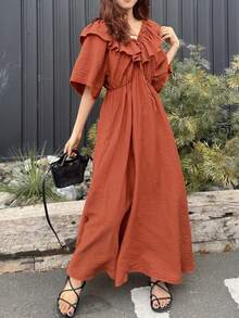 FRIFUL Women's Ruffle Collar Decor Waist Flared Hem Dress, Solid Color Vacation Style Sun Dresses For Women Summer - Orange - View 3