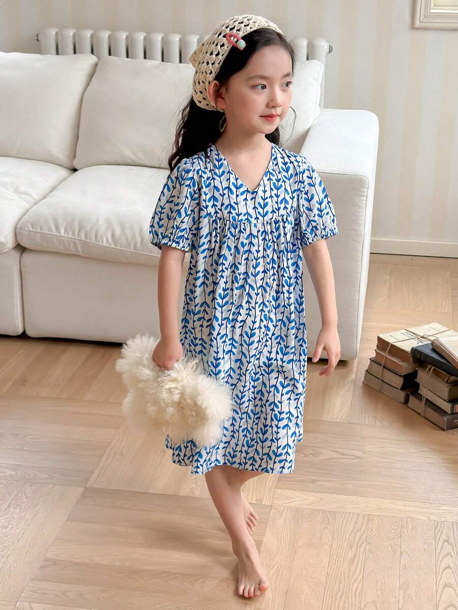 DAZY Đầm mùa hè in họa tiết cây cỏ tay phồng, kiểu dáng thường ngày cho bé gái. - Màu xanh lam - Xem 1