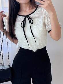 FRIFUL Women's Spring/Summer Short Sleeve Contrast Color Drawstring Bow Tie Loose Casual Sexy Versatile T-Shirt Golf White - White - View 2